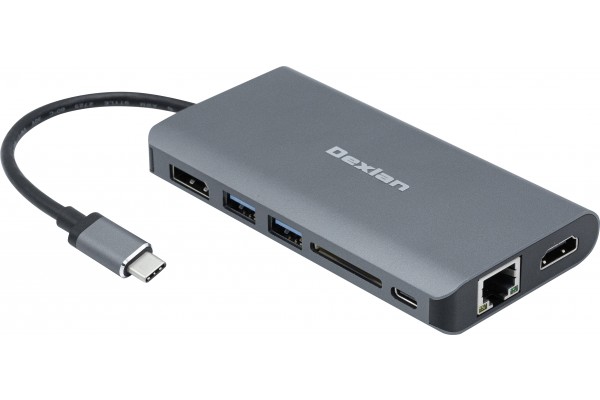DEXLAN Dock USB Type-C HDMI+DP 4K-LAN-HUB+SD2.0+Charg.PD3.0